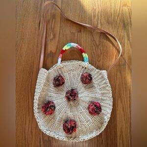 J. Crew Woven Bag with Colorful Pom-Poms